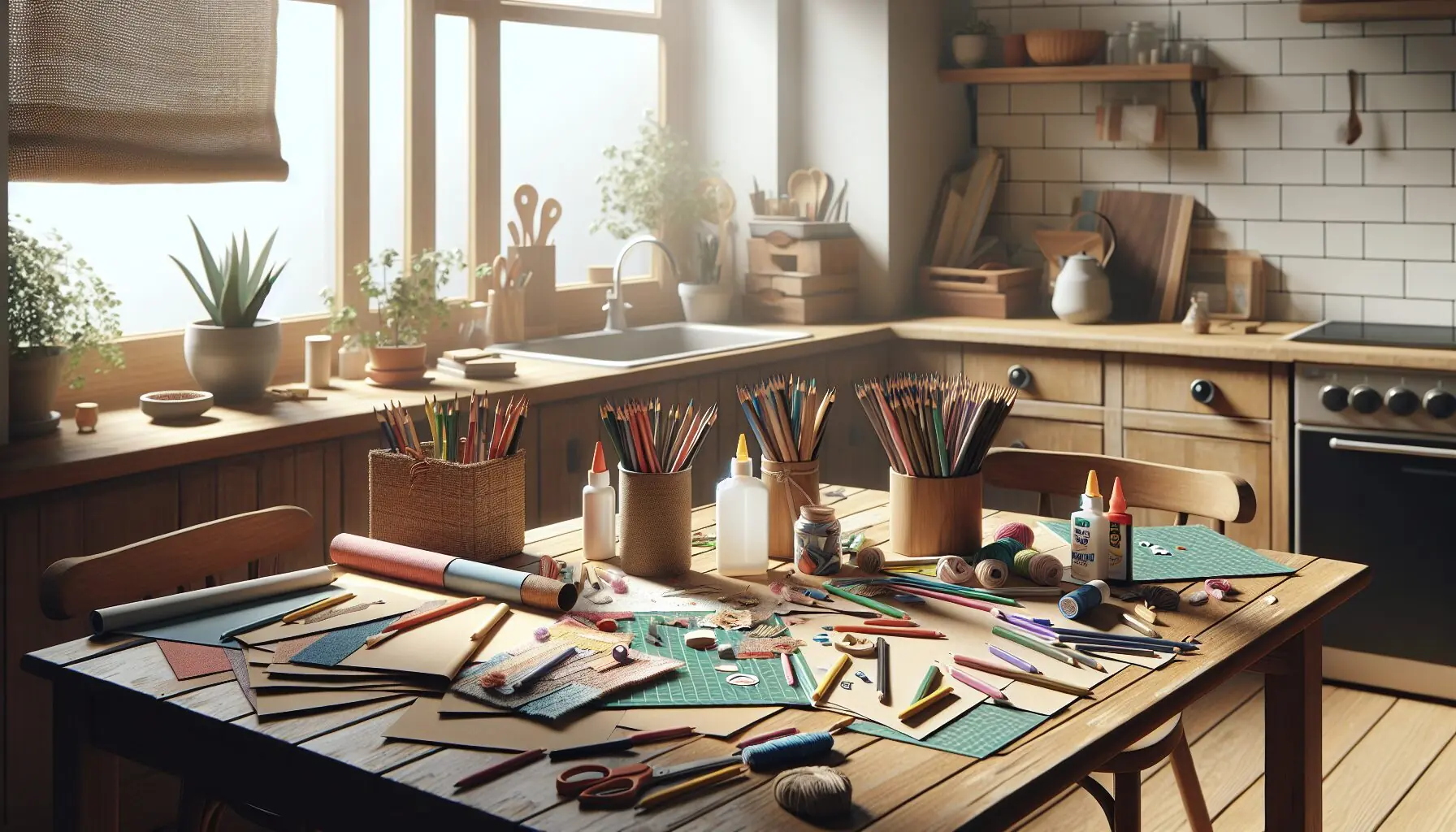 Generate an image of an assortment of art supplies like paper, colored pencils, fabric scraps, and glue arranged on a table.