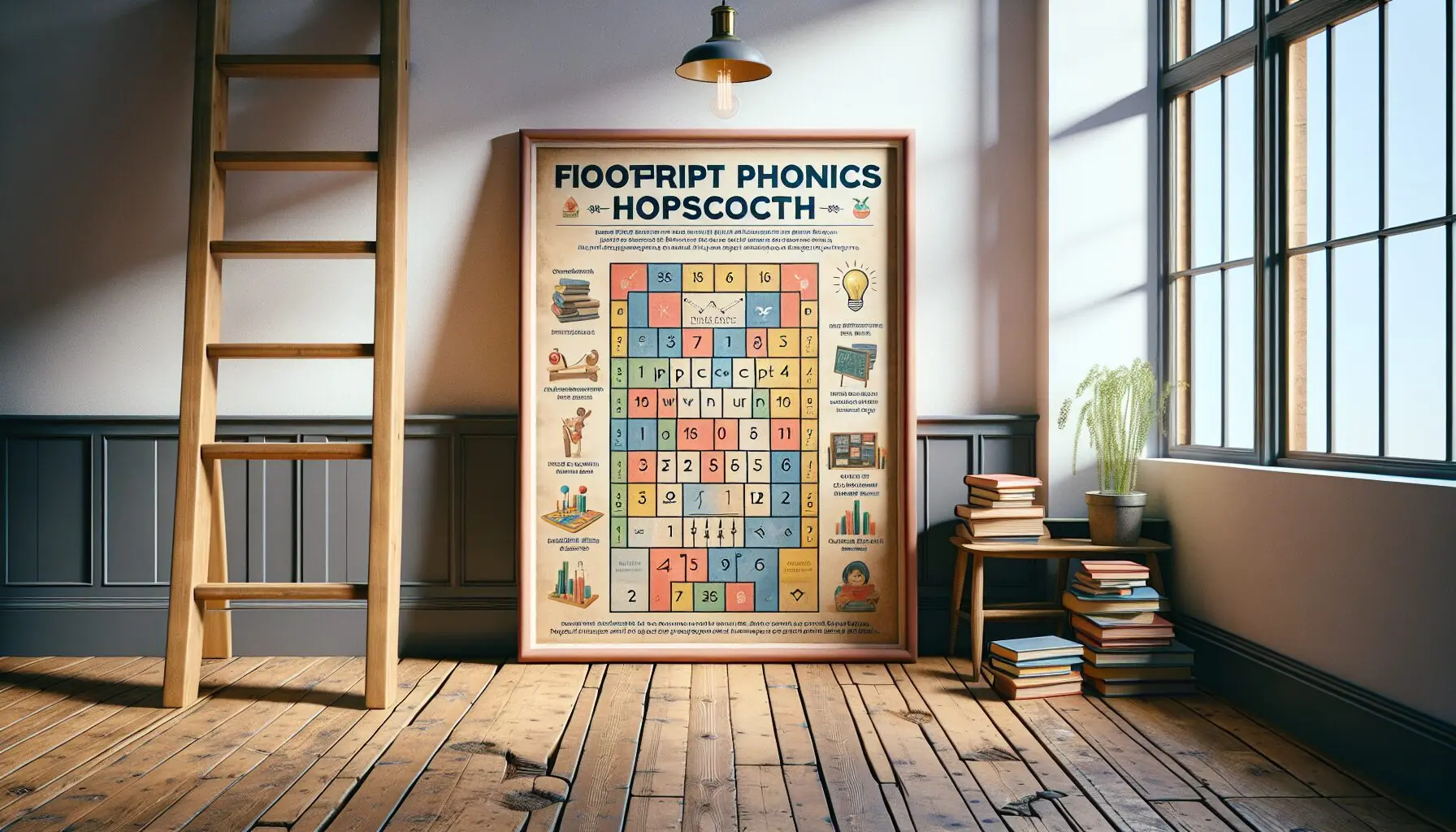Produce an image depicting a chart of benefits showing hopscotch silhouettes and educational symbols like books and light bulbs.