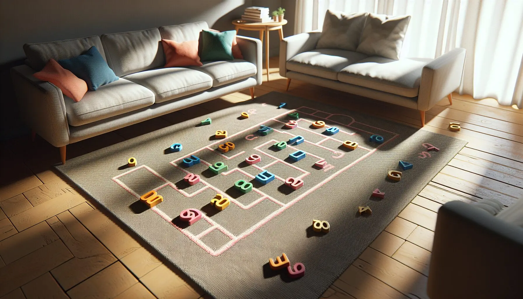 Illustrate an image of a playful array of letter tiles scattered joyously across a lettered hopscotch grid.