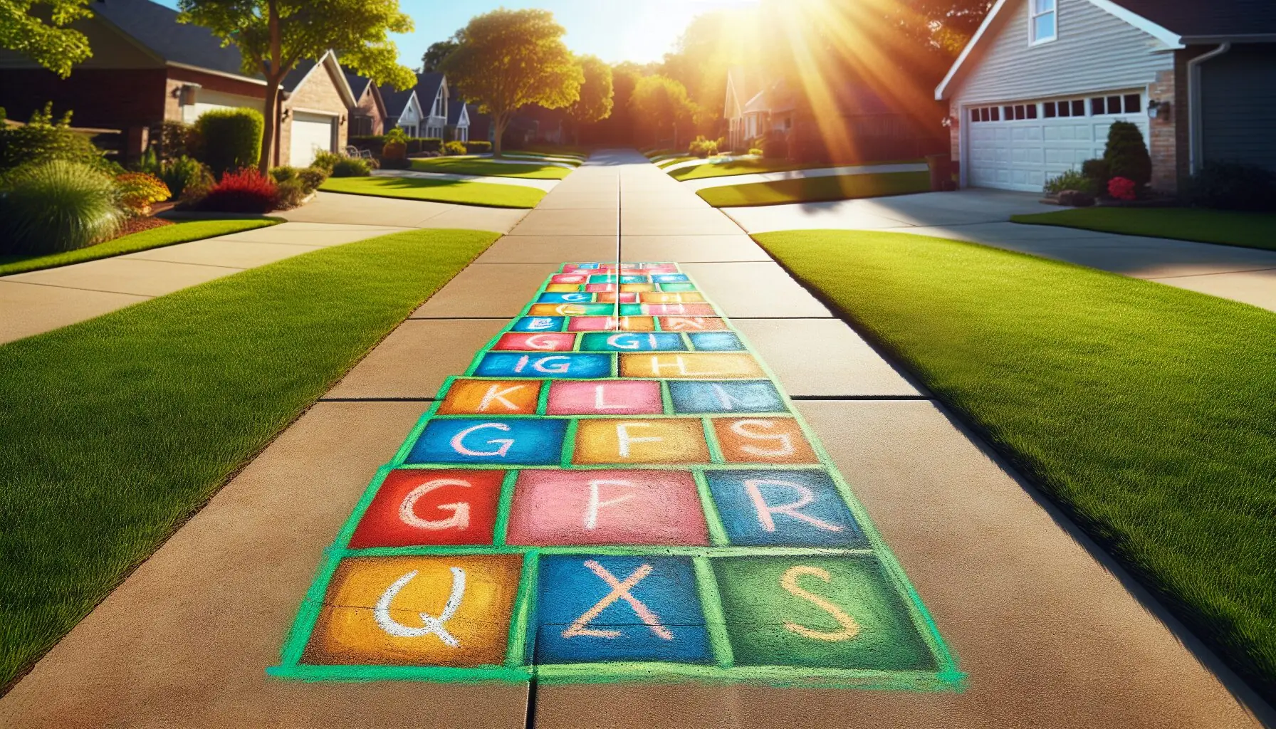 Generate an image of a vibrant hopscotch grid drawn with chalk on a sunny driveway contrasted against lush green grass.