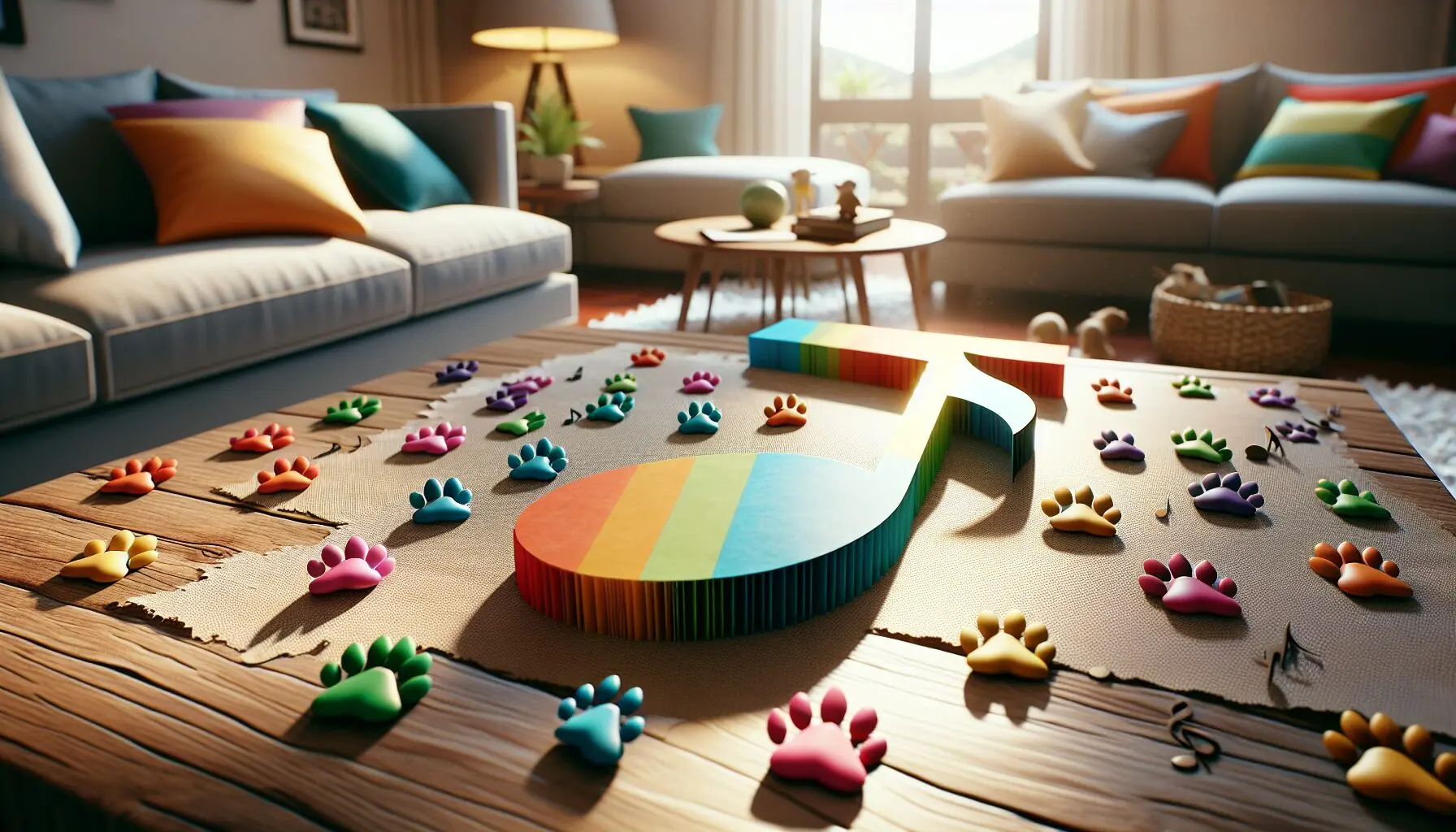 Generate an image of a colorful music note surrounded by animal paw prints.