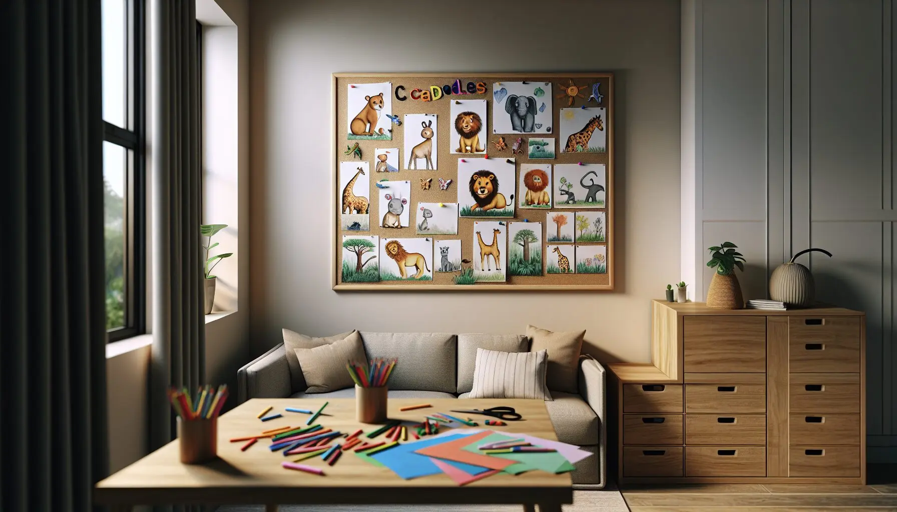 Generate an image of children’s animal-themed drawings pinned on a bulletin board.