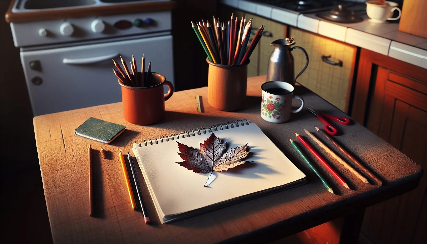 Generate an image of children dressed warmly, holding a notebook while looking at a frosty leaf.