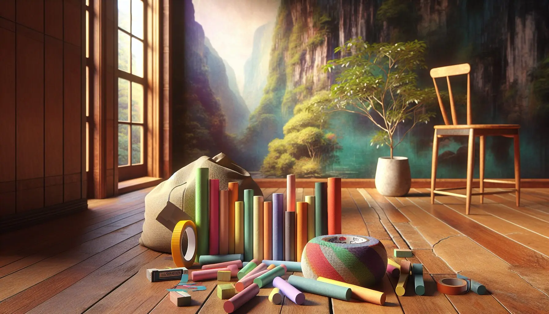 Create an image showing a collection of colored chalk sticks, masking tape, and a beanbag set against a wooden floor.