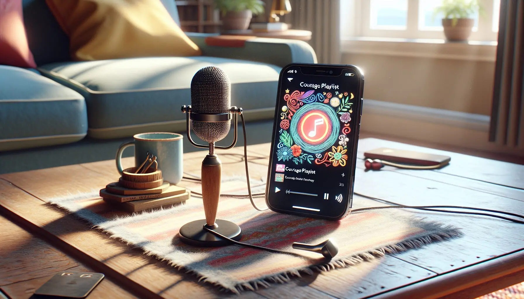 Generate an image of a smartphone displaying a music playlist titled 'Courage Playlist' with colorful art elements.