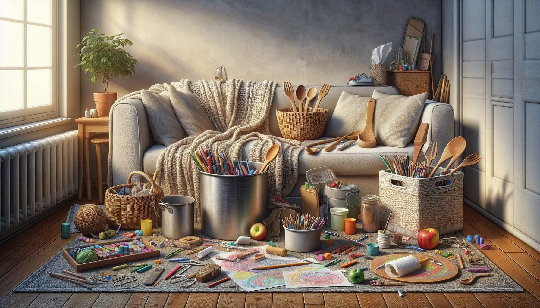 Generate an image of a joyful music and arts setting with symbols of developmental growth, such as growing plant vines intertwining with musical notes.