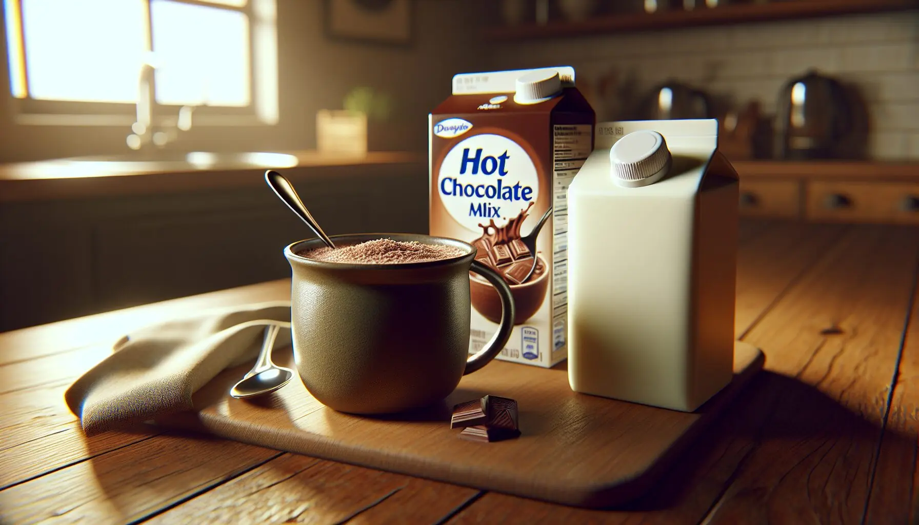 Create an image showing items like a hot chocolate mix, mug, spoon, and milk carton on a kitchen counter.