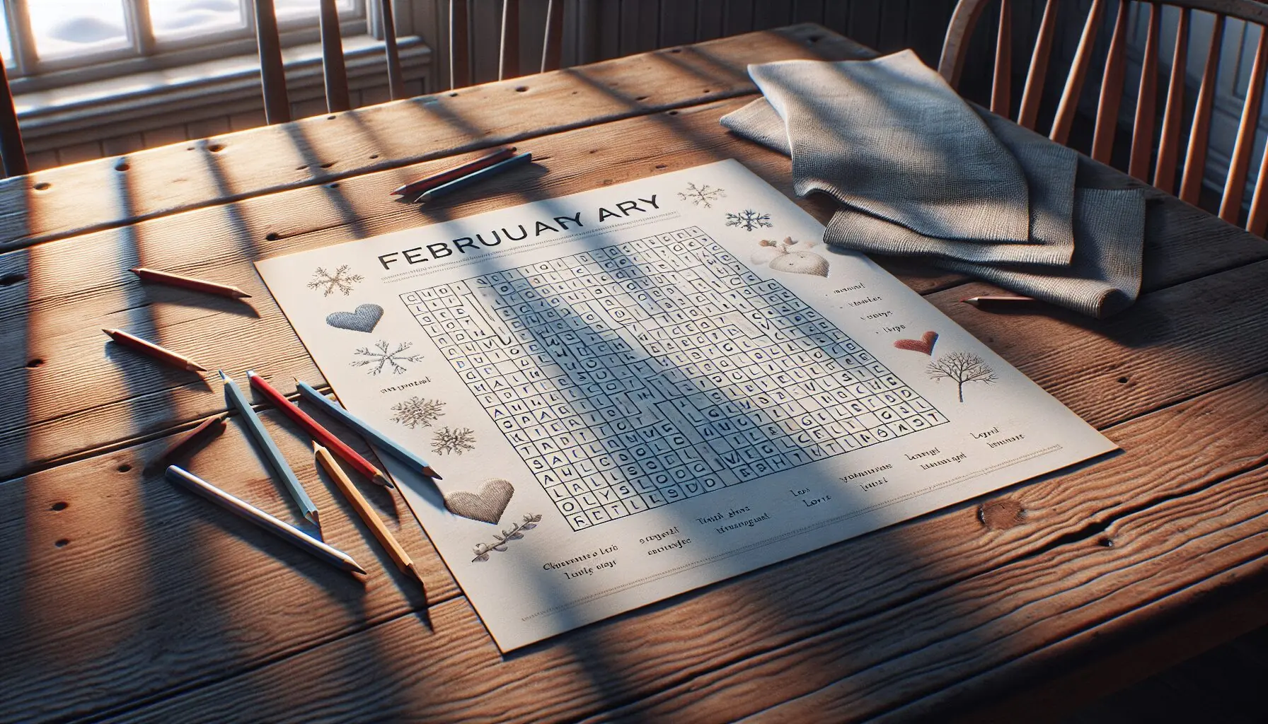 Generate an image of a word search grid filled with winter and Valentine