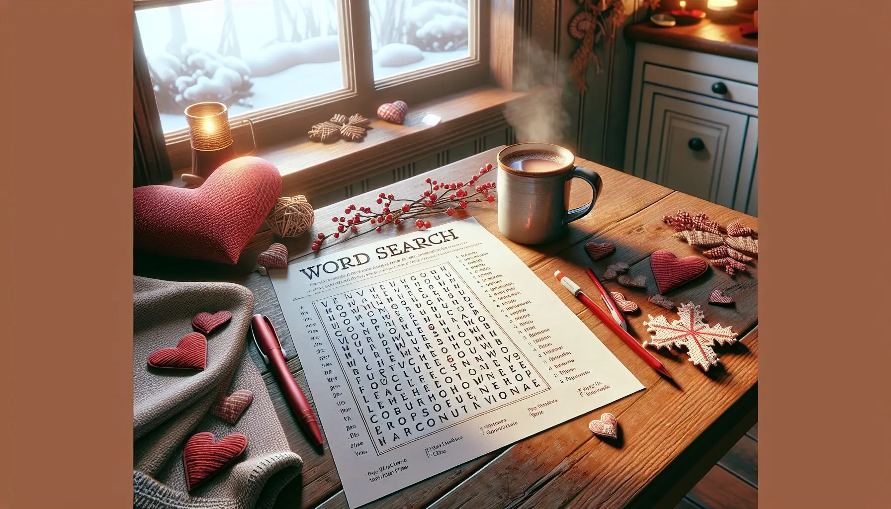 Generate an image of a cozy winter setting with heart-shaped elements, showing a warm atmosphere.