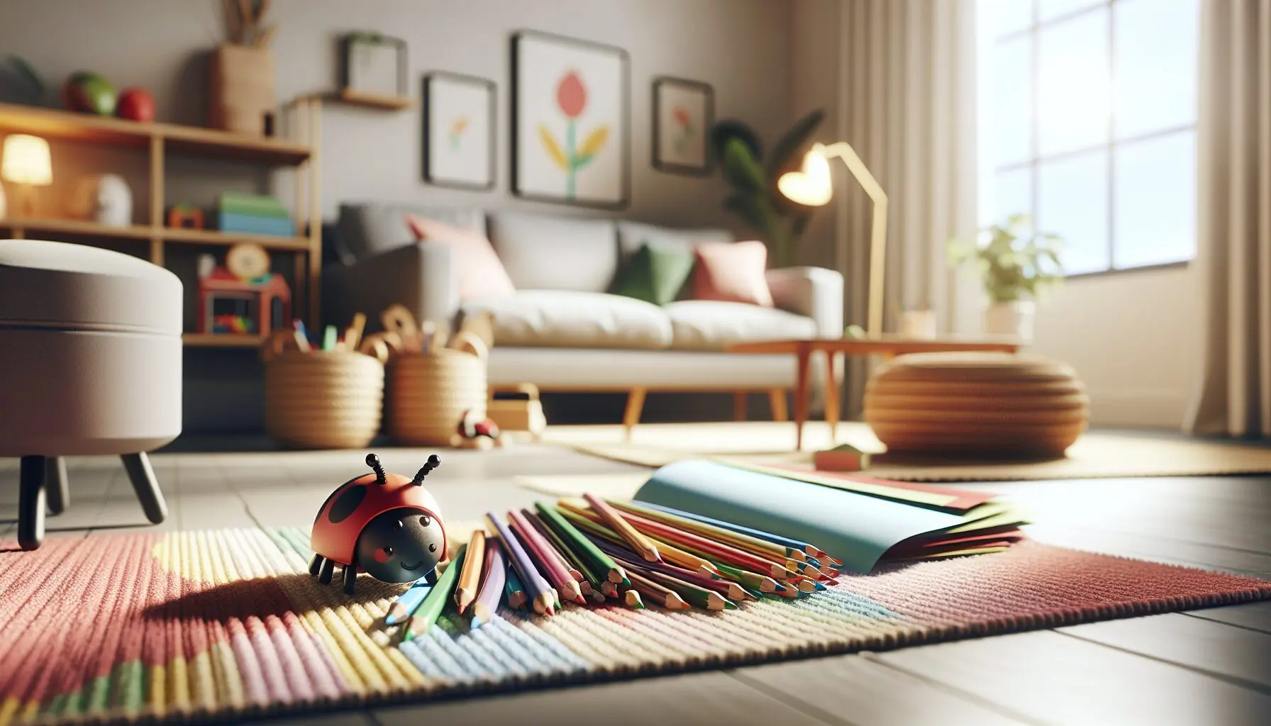 Generate an image of a colorful assortment of paper and colored pencils on a cozy play mat.