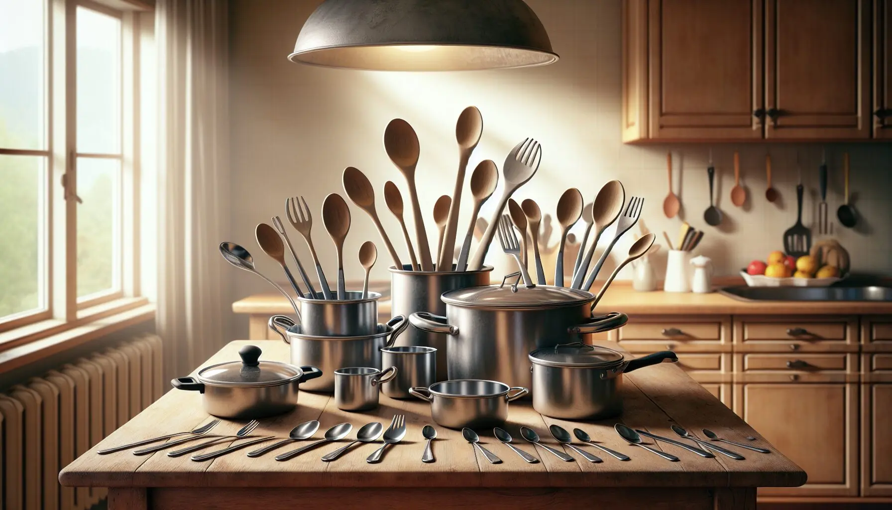 Generate an image of spoons, pots, and pans creatively arranged in a humorous orchestra setting.