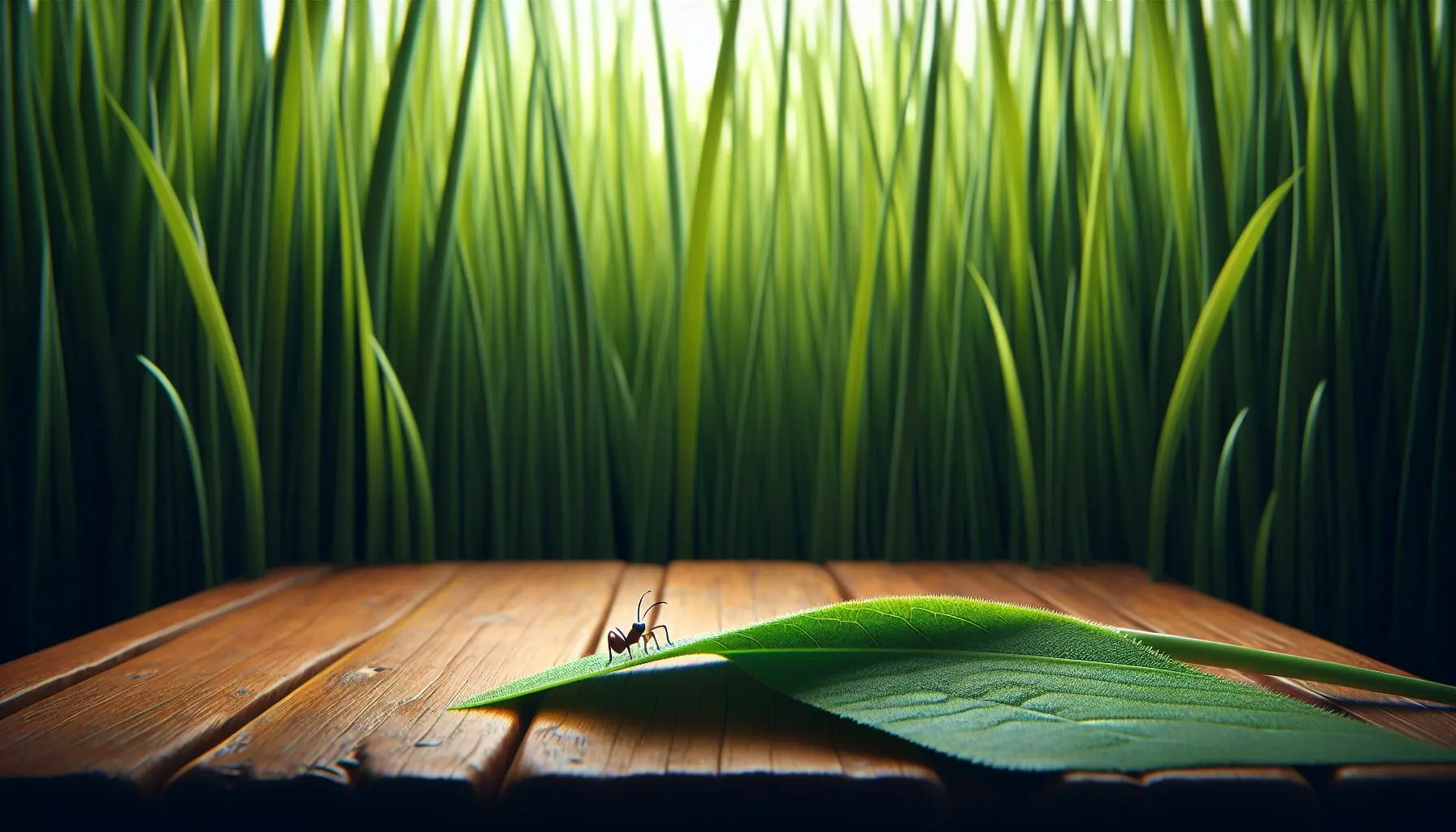 Generate an image of a tiny insect standing bravely on a leaf, with a backdrop of towering grass.