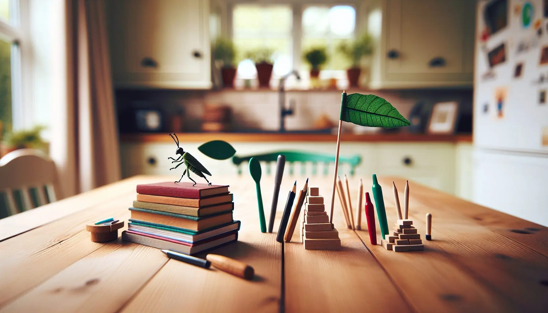 Generate an image of a toy insect exploring a miniature adventure setup with obstacles and goals.