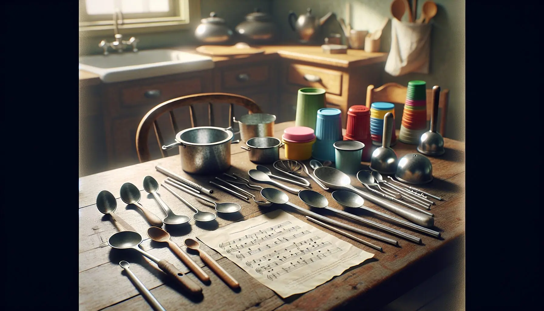 Generate an image of household items arranged as an orchestra with a sheet of nursery rhyme lyrics beside them.