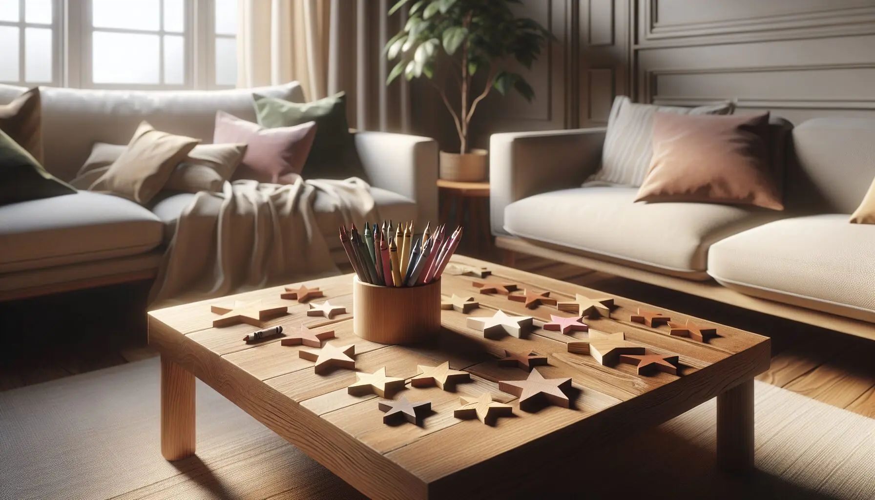 Generate an image of a cozy living room with paper stars and crayons spread on a table.