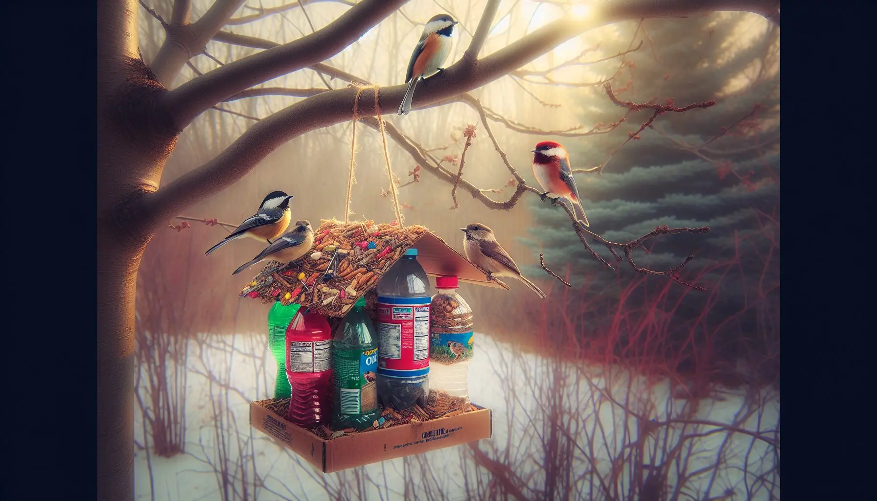 Generate an image of a colorful bird feeder hanging from a tree, visited by winter birds such as chickadees and sparrows.