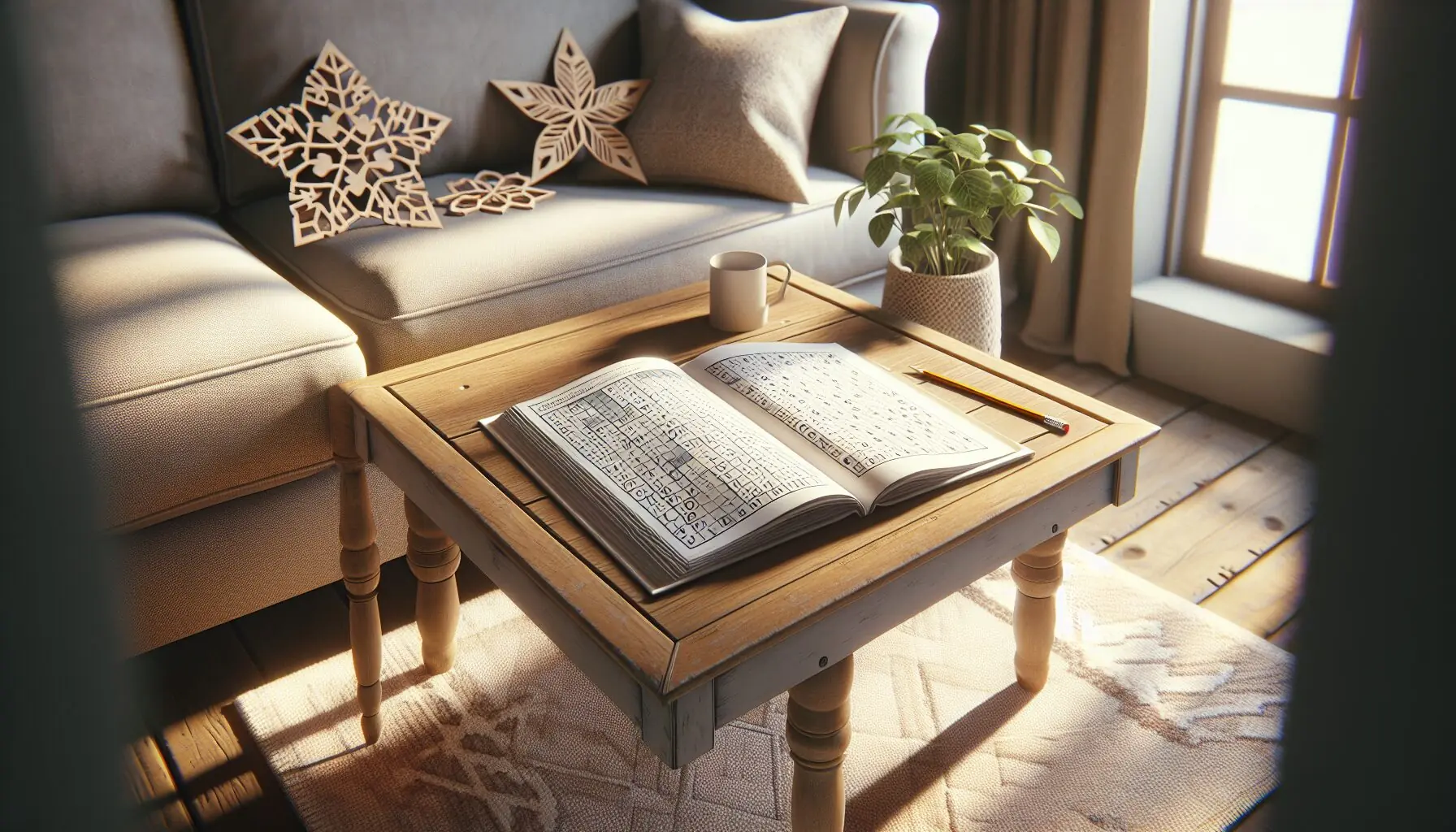 Generate an image of a child smiling while pointing out words in a word search, surrounded by playful heart and snowflake decorations.