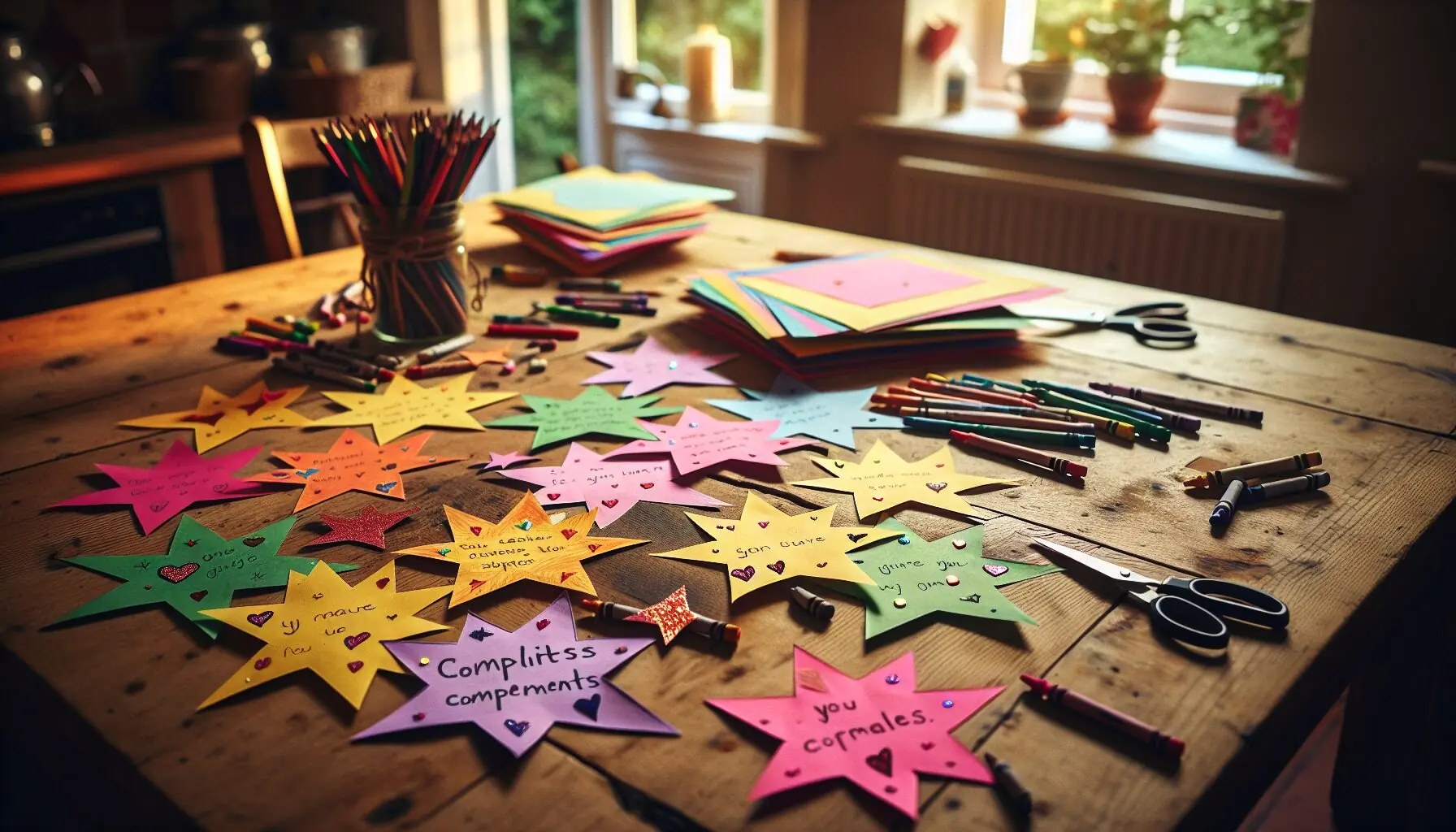 Generate an image of colorful paper stars with written compliments in vibrant colors.
