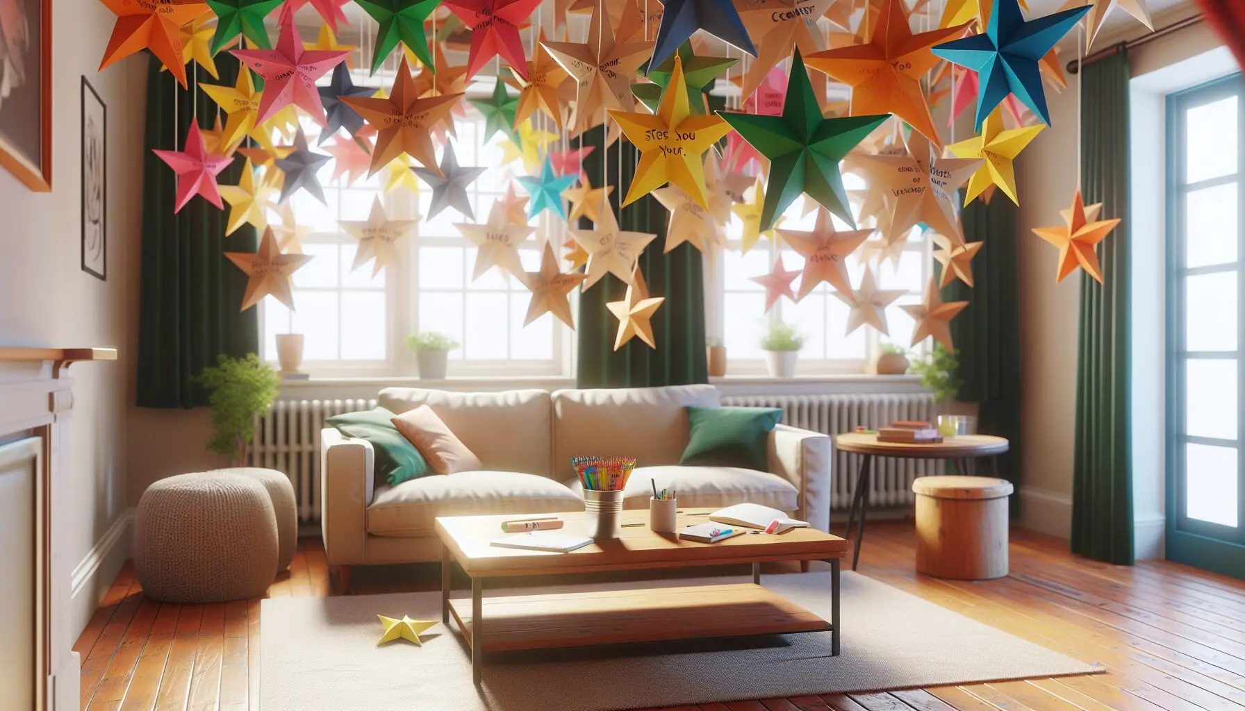 Generate an image of a happy family room decorated with compliment stars hanging from the ceiling.