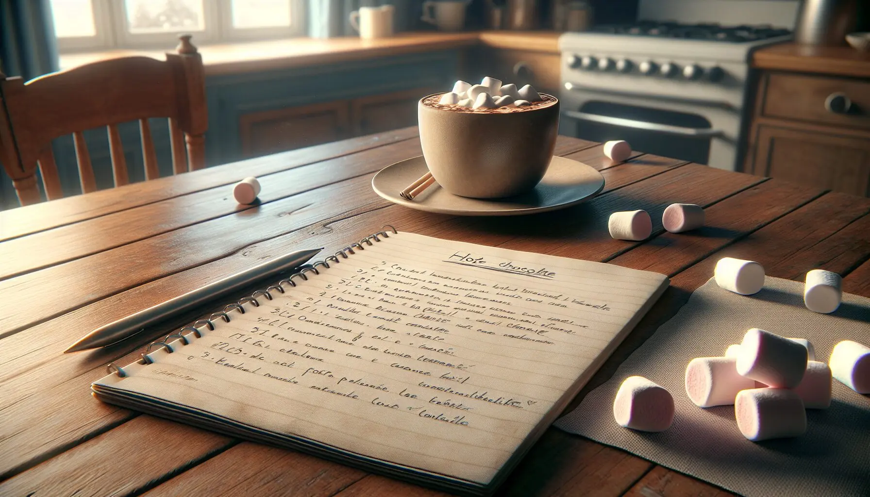 Craft an image of a notepad with scribbled notes on hot chocolate variations and a couple of marshmallows beside it.