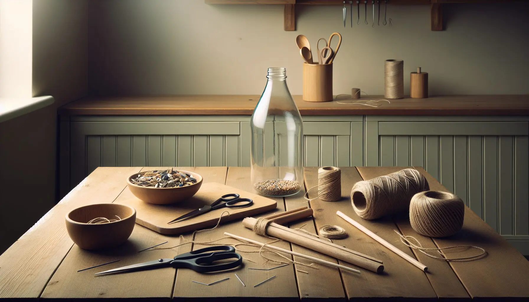 Generate an image of a crafts table with an empty plastic bottle, birdseed, scissors, twine, and wooden sticks.