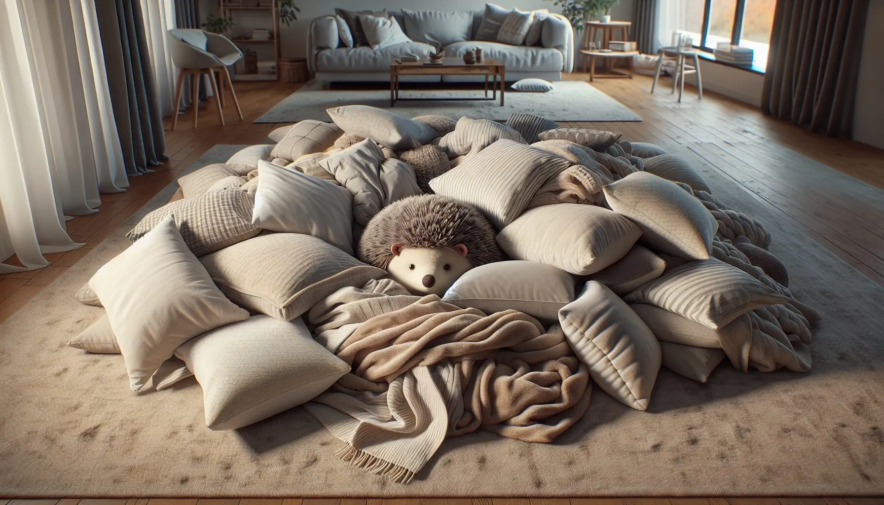 Generate an image of a cozy den made with pillows and blankets, complete with a hedgehog plush toy inside.