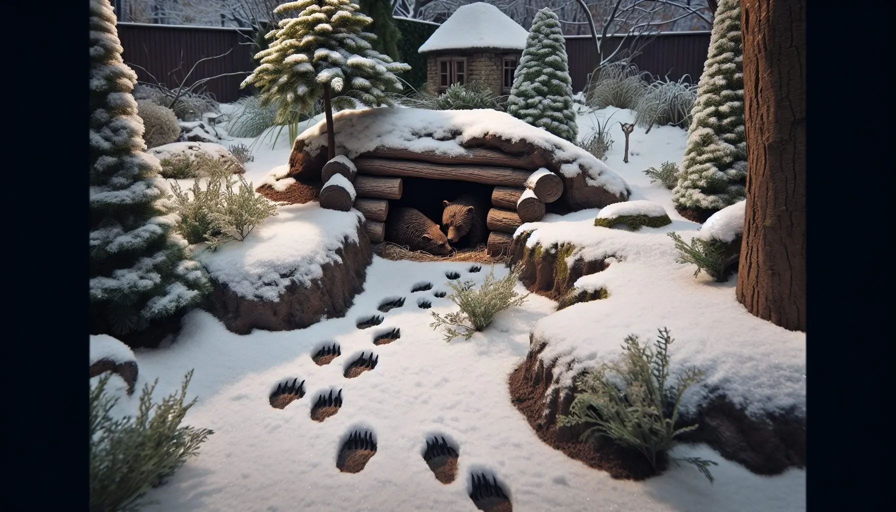 Generate an image of woodland snow with animal tracks and hibernating animals.