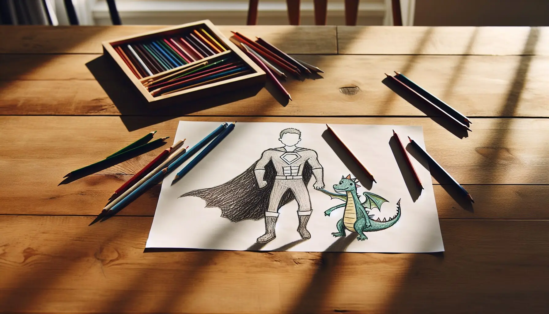 Show a close-up image of a child's drawing where a superhero stands next to a friendly dragon.