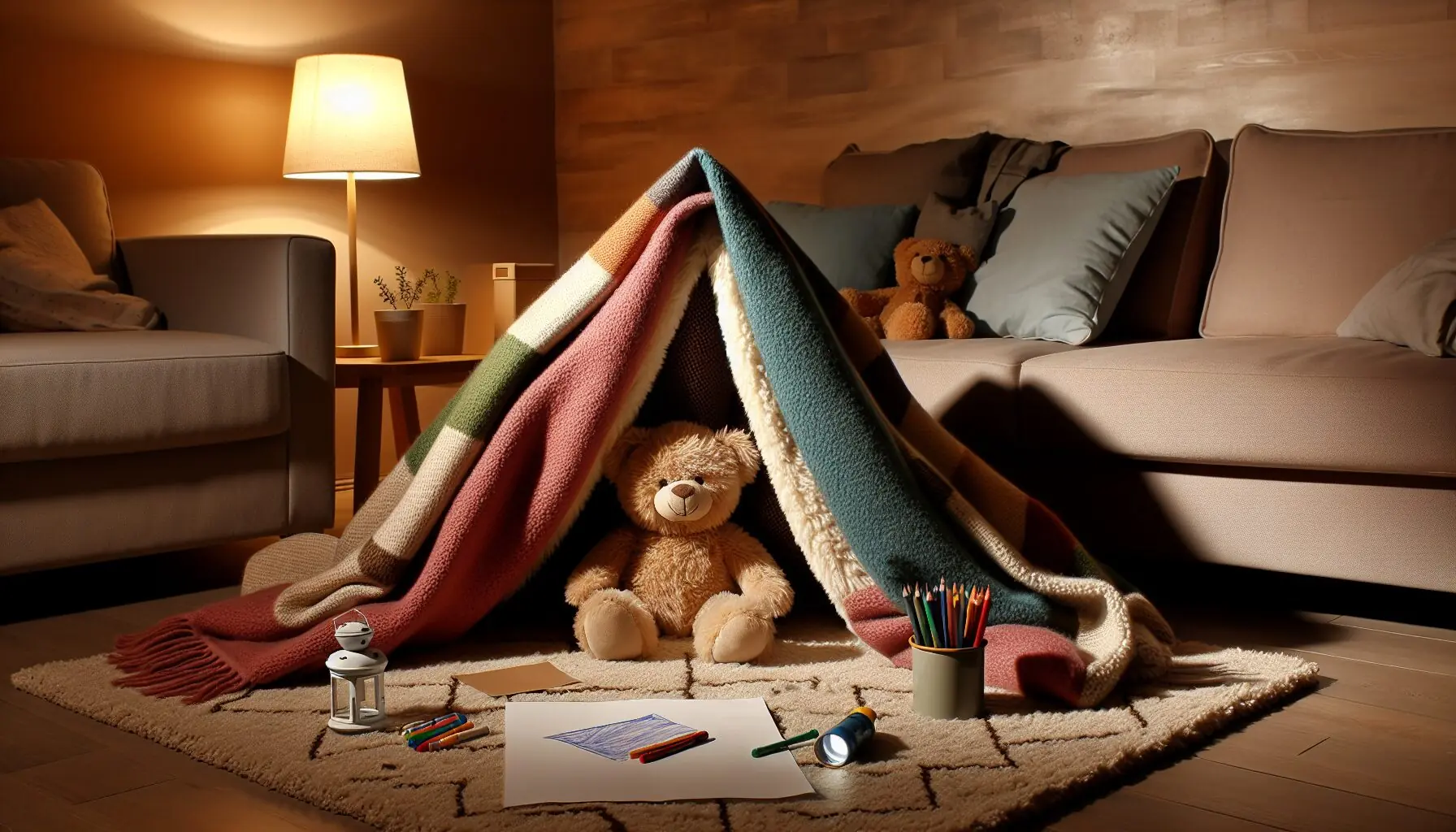 Generate an image of a small den made from blankets and featuring a teddy bear.
