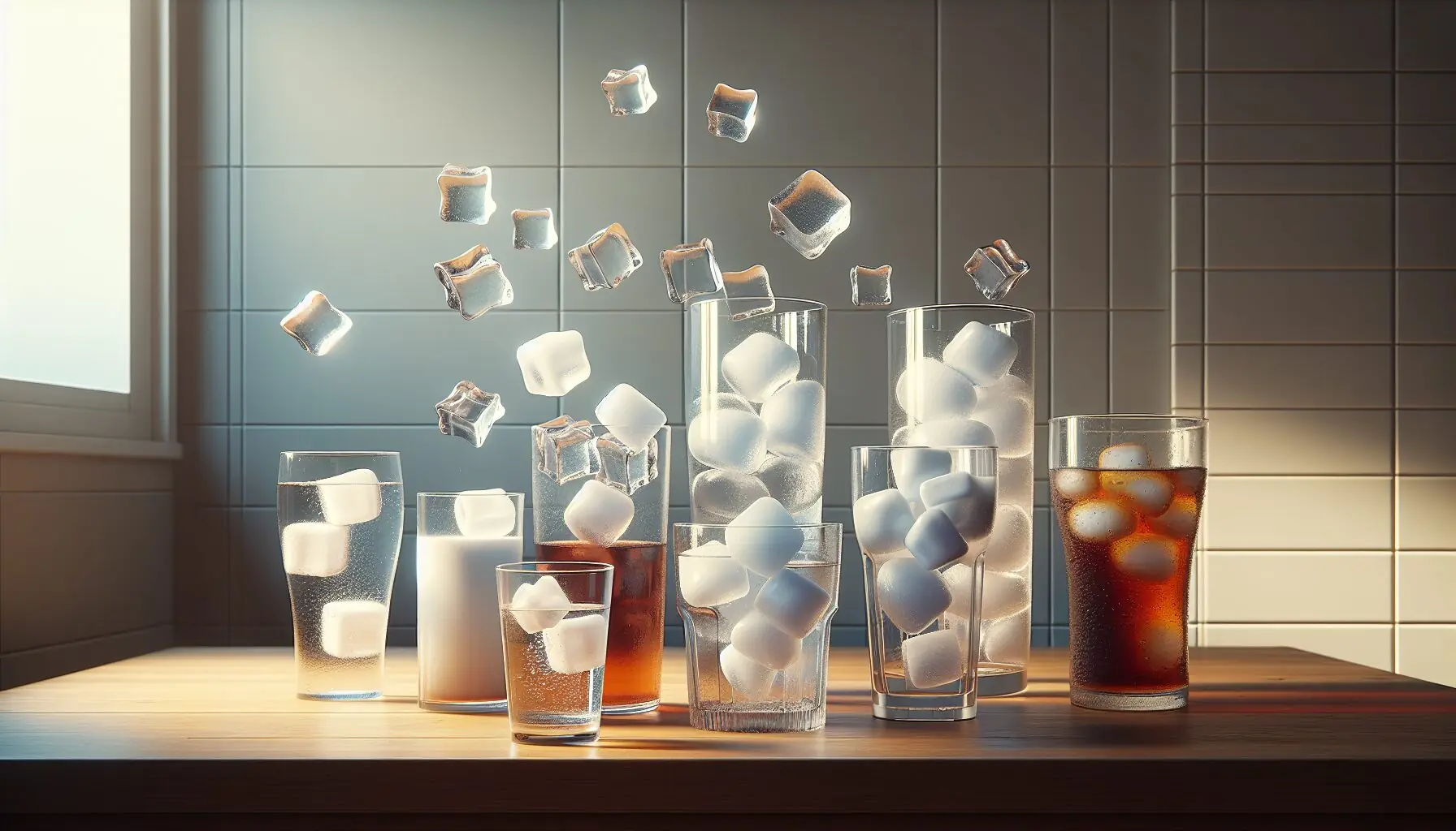 Generate an image of ice cubes floating in various liquids in transparent glasses on a kitchen counter.