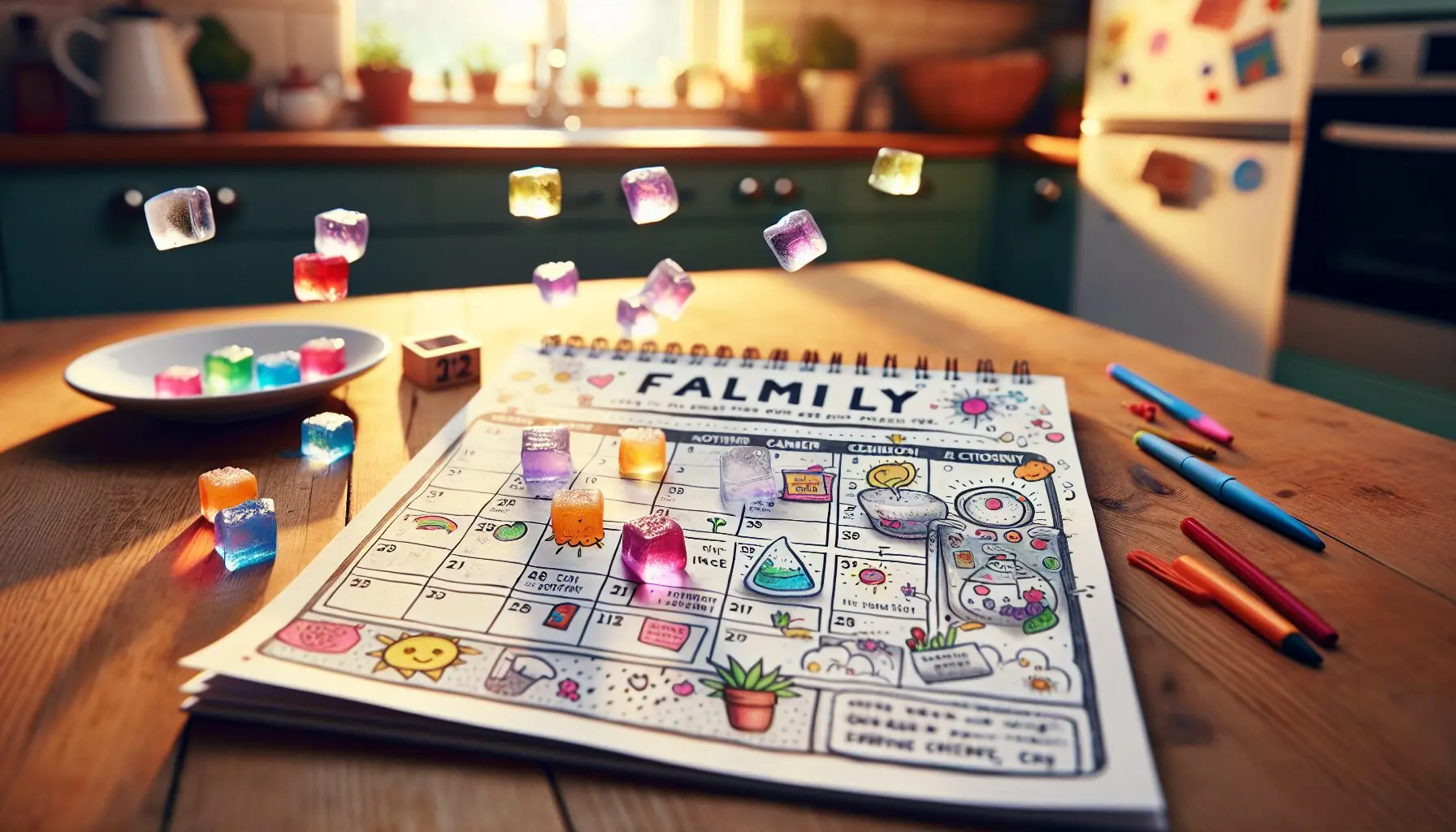 Generate an image of a family calendar with a day marked for a science activity, adorned with stickers and a playful doodle.