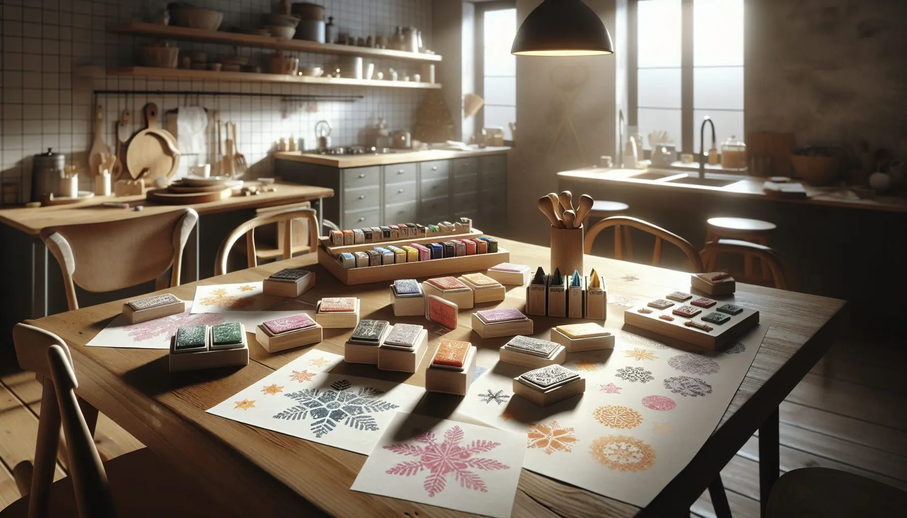 Illustrate an image of a child and parent joyfully stamping patterns, with ink pads and stamps around.