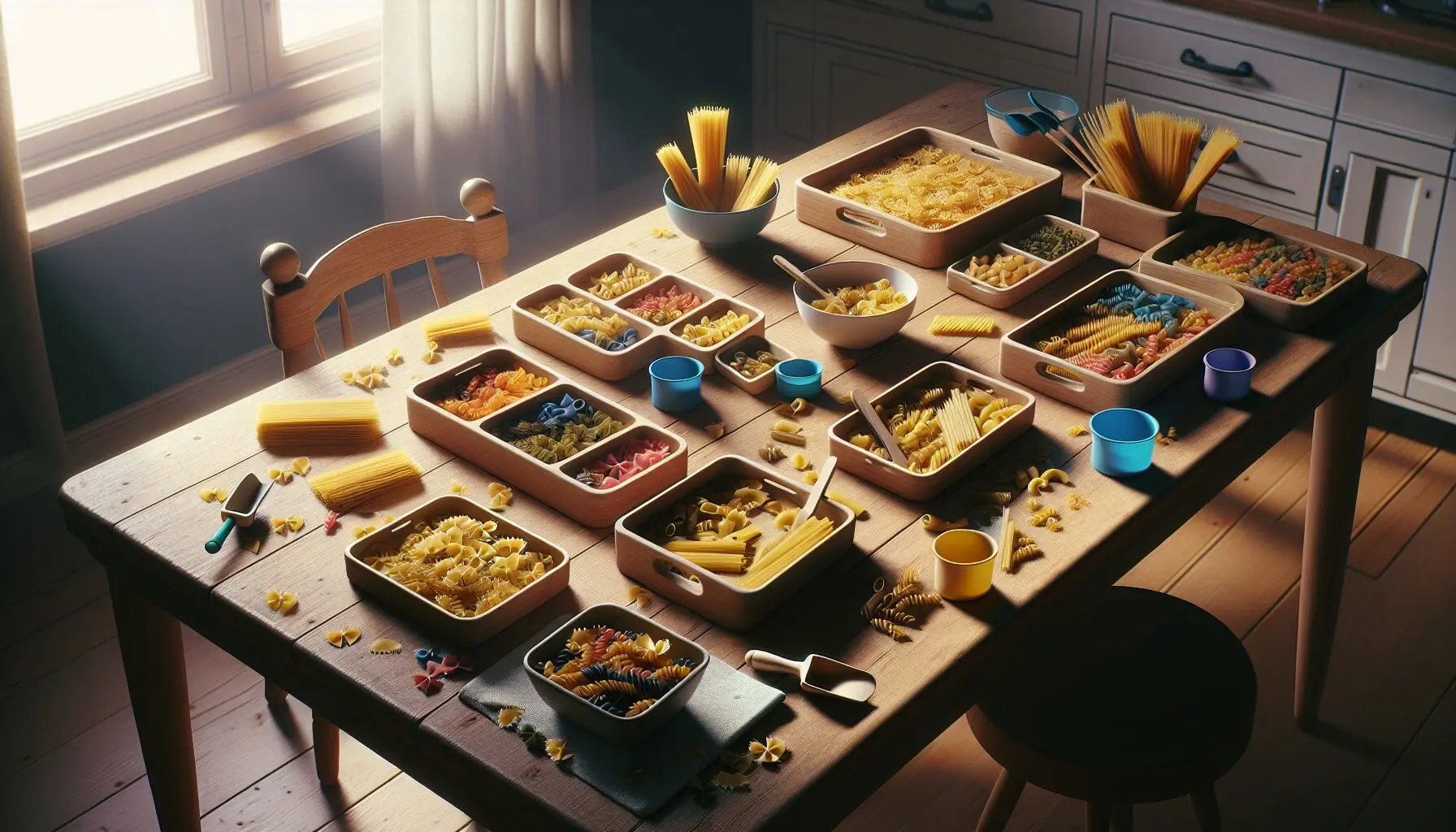 Generate an image of a playful scene with colorful pasta in trays, illustrating a happy sorting activity.