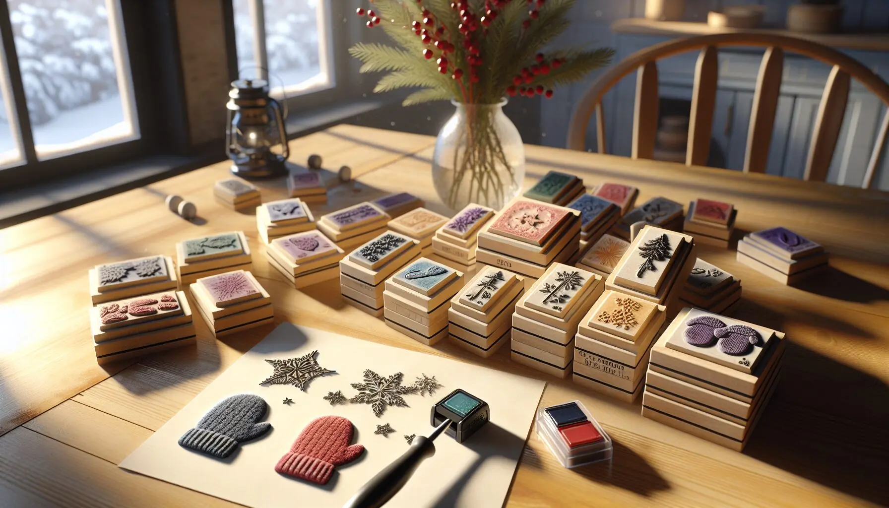 Generate an image of winter-themed rubber stamps and colorful ink pads scattered across a table.