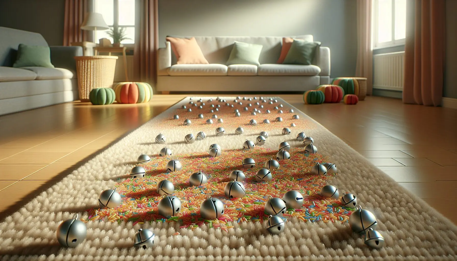 Generate an image of colorful rice and small silver jingle bells on a play mat, enhancing the visual and sensory appeal of snow-inspired sound making.