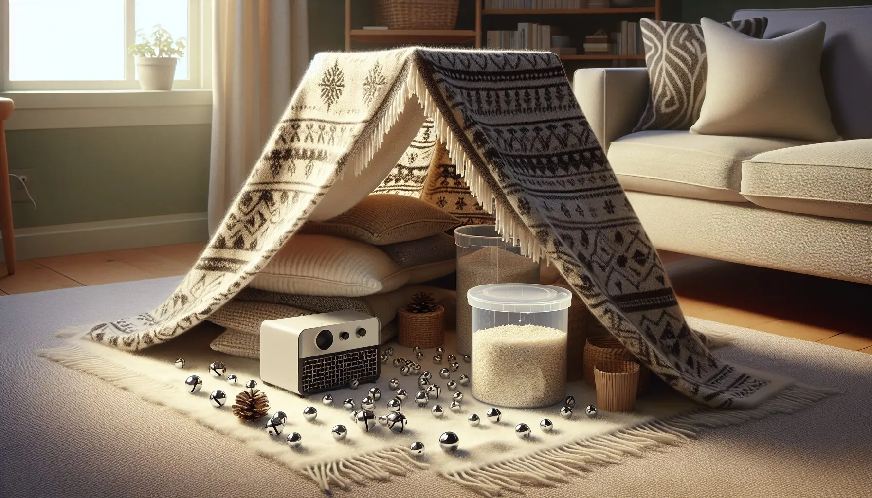 Generate an image of a cozy blanket fort with a sound machine, dry rice, and small bells inside, creating a DIY soundscape setting.