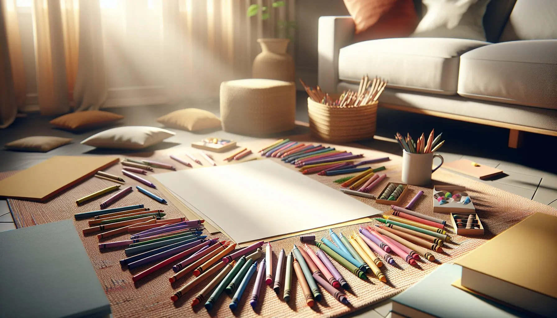 Create an image displaying colorful crayons and blank sheets of paper scattered on a living room floor.