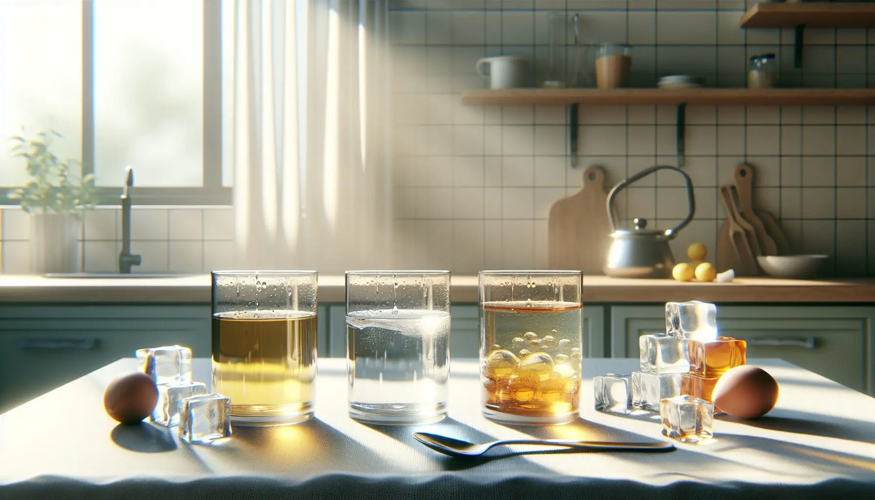 Generate an image of clear glasses filled with water, oil, and honey, with ice cubes beside them.