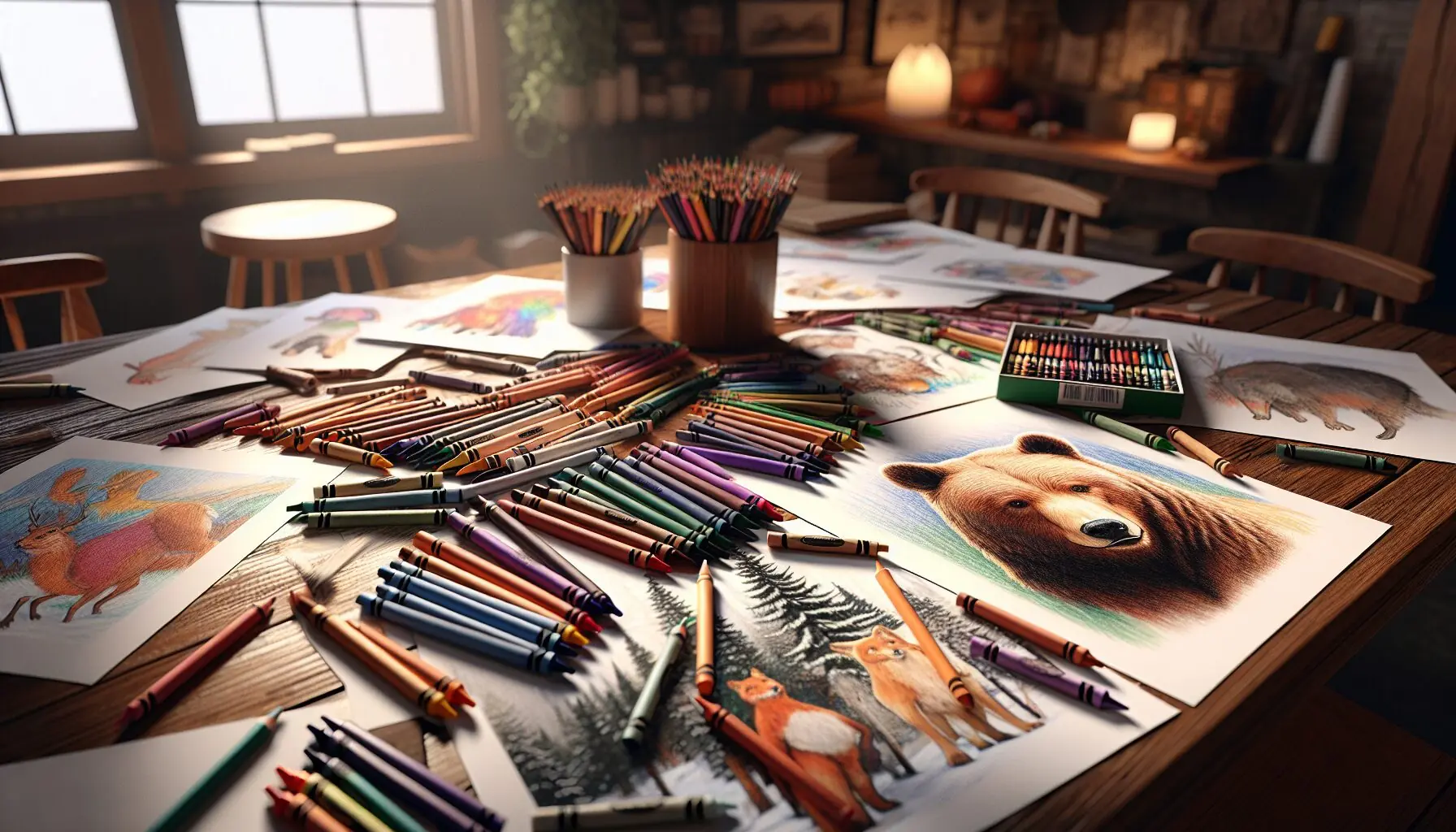 Generate an image of colorful art supplies like crayons and paper with drawn animal habitats.