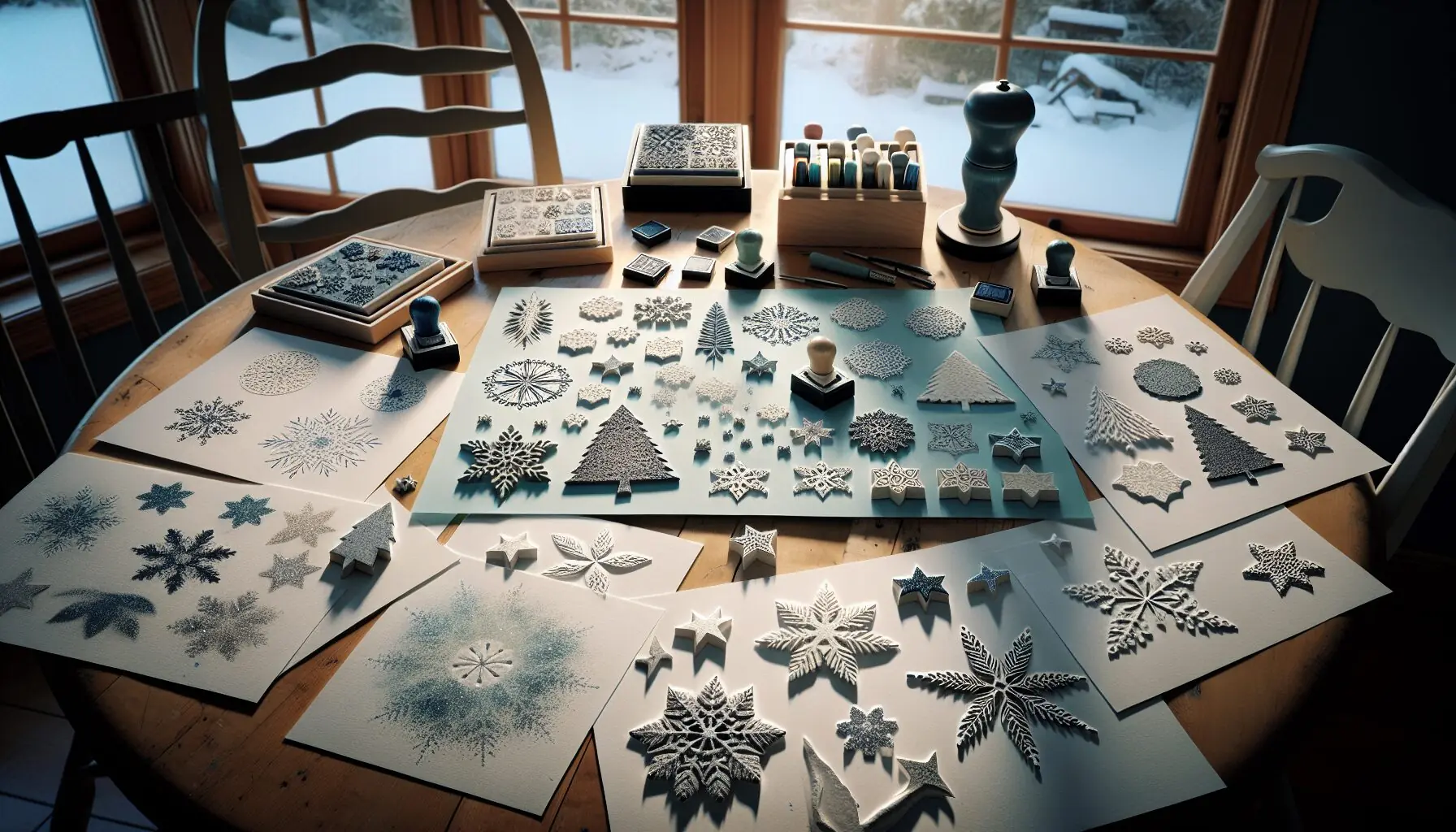 Visualize an image of a collection of completed stamped patterns, glittering under soft winter light.