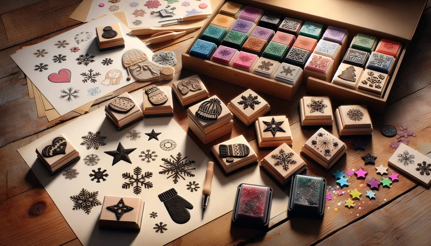 Create an image showcasing sheets of paper filled with stamped winter patterns, bright and cheerful.