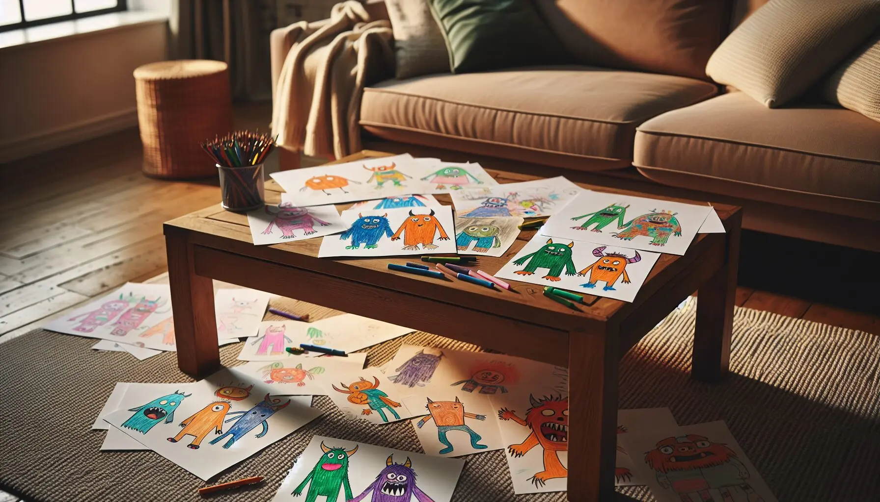 Generate an image of whimsical children’s drawings featuring friendly monsters and superheroes.