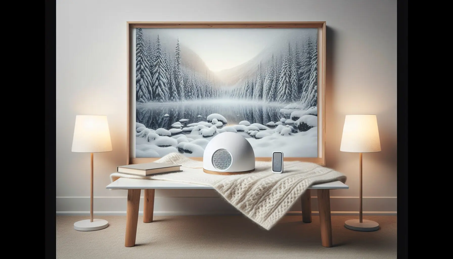Generate an image of a serene snowy landscape with gentle falling snow, evoking a peaceful winter atmosphere.