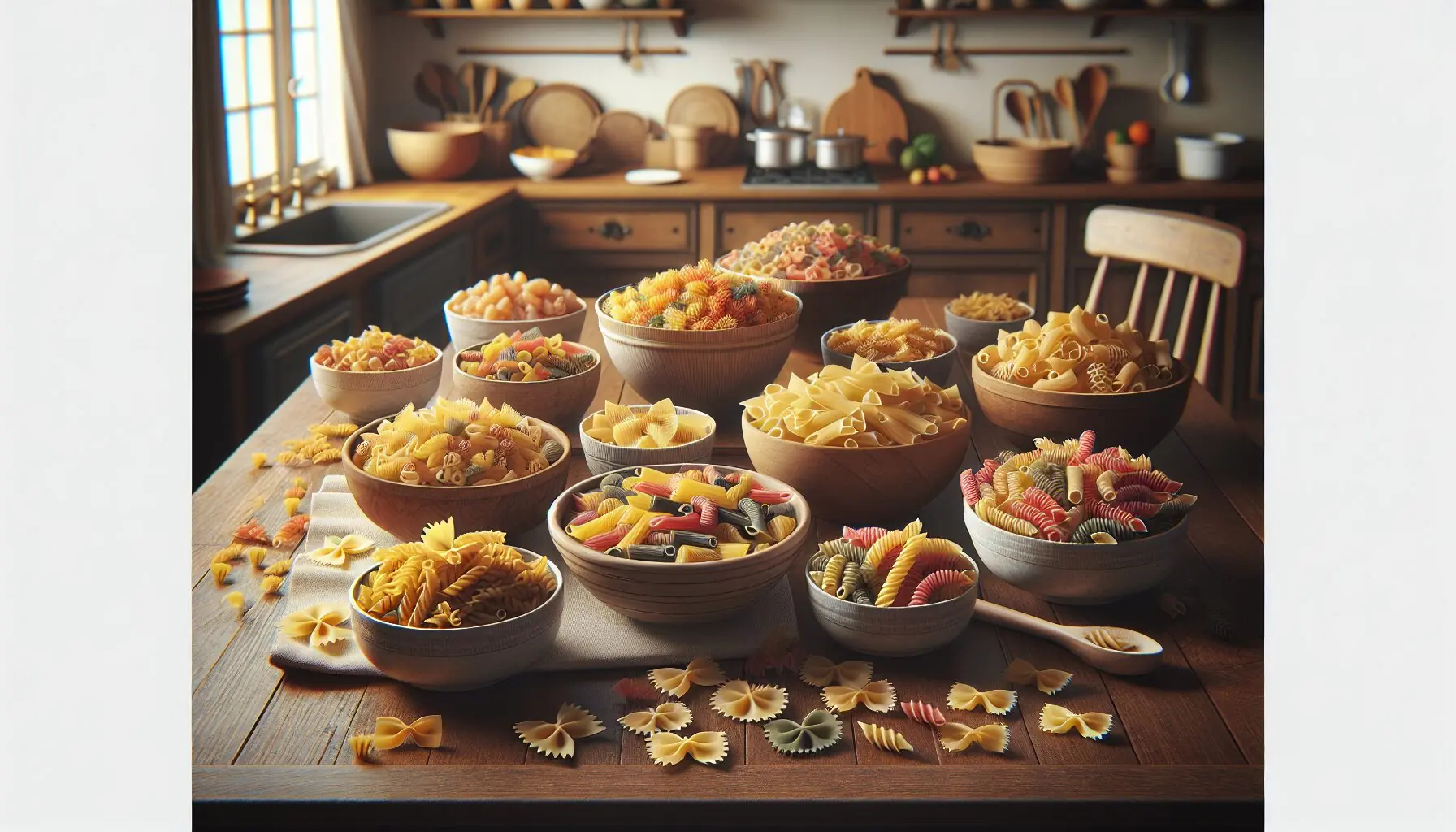 Generate an image of small bowls filled with sorted pasta shapes and colors on a wooden table.
