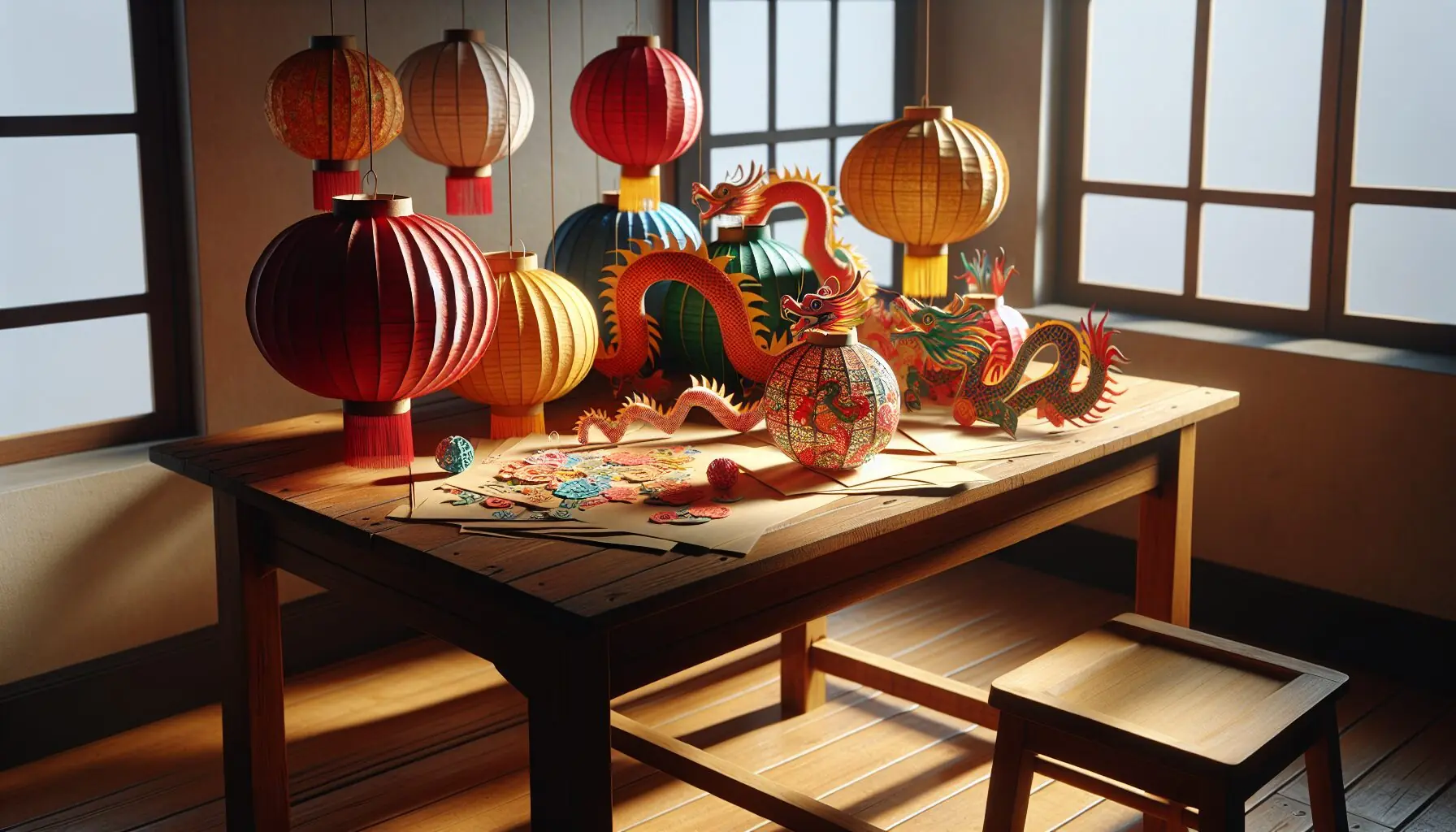 Generate an image of a vibrant home display showcasing crafted paper lanterns and dragon motifs symbolizing cultural diversity.