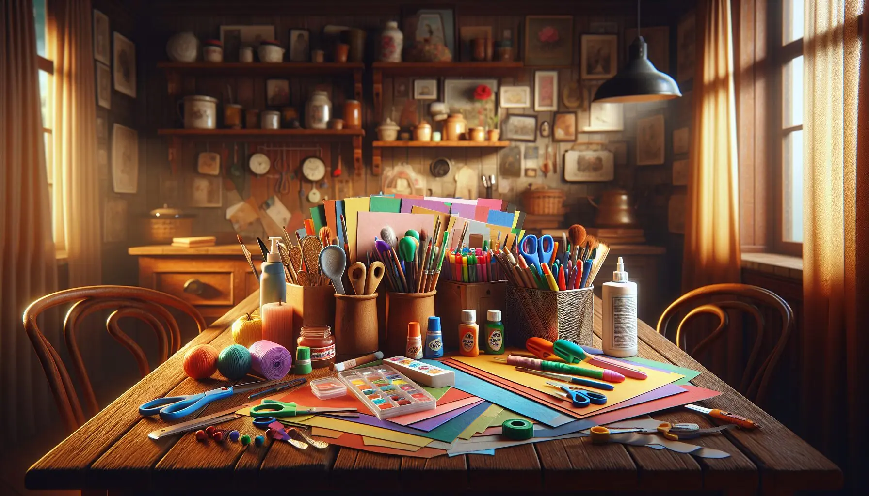 Generate an image of colorful craft materials arranged neatly on a table, including paper, markers, and scissors.