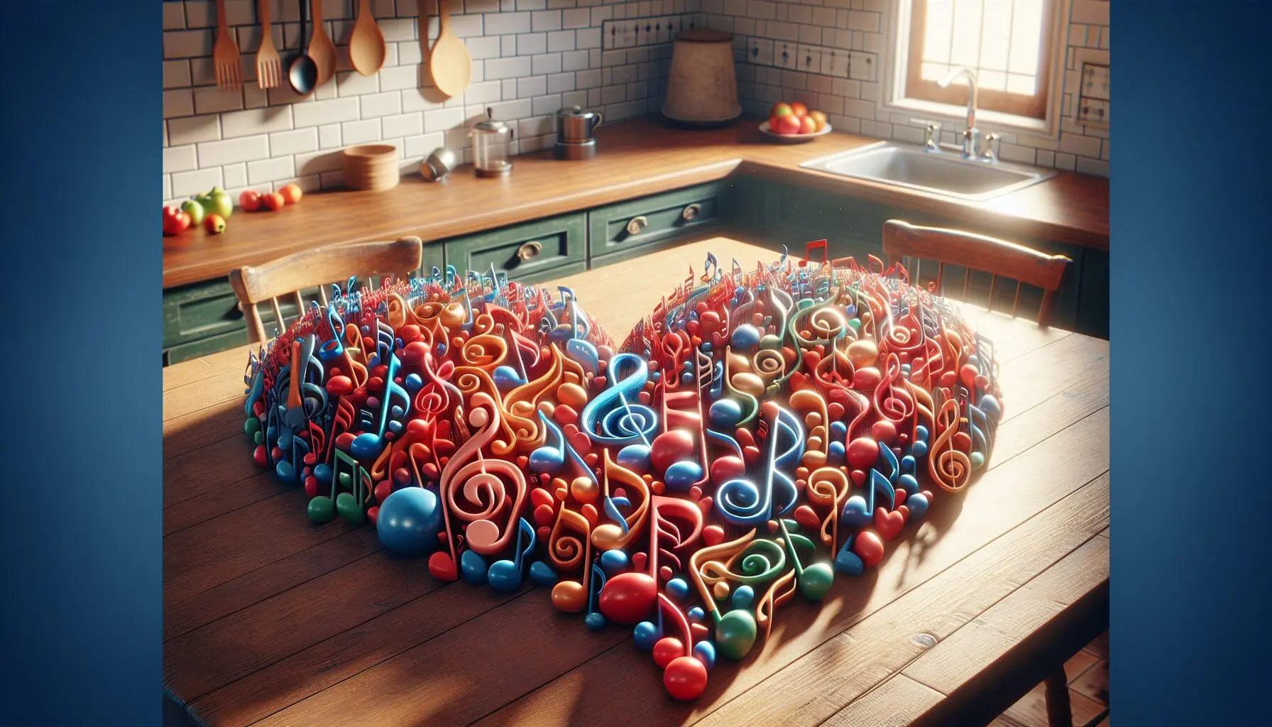 Generate an image of a large heart shape made from colorful musical notes and clefs.