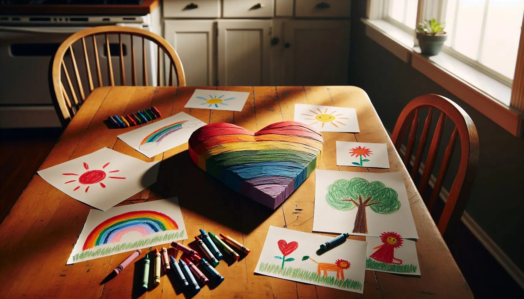Generate an image of a rainbow-colored heart surrounded by child-like drawings representing emotions and strengths.