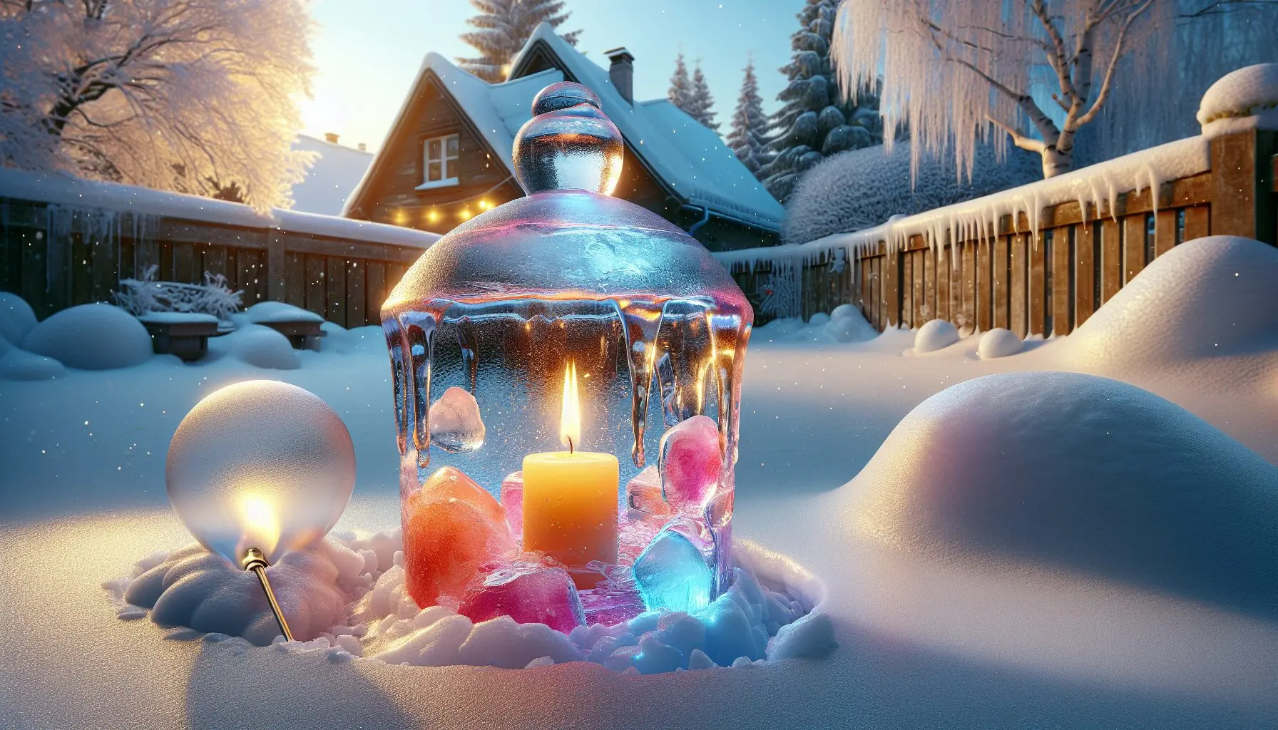 Generate an image of a colorful ice lantern glowing warmly against a winter backdrop. The lantern should display vibrant hues with a small light flickering inside, highlighting the beauty of frozen water with scattered colorful food dyes.