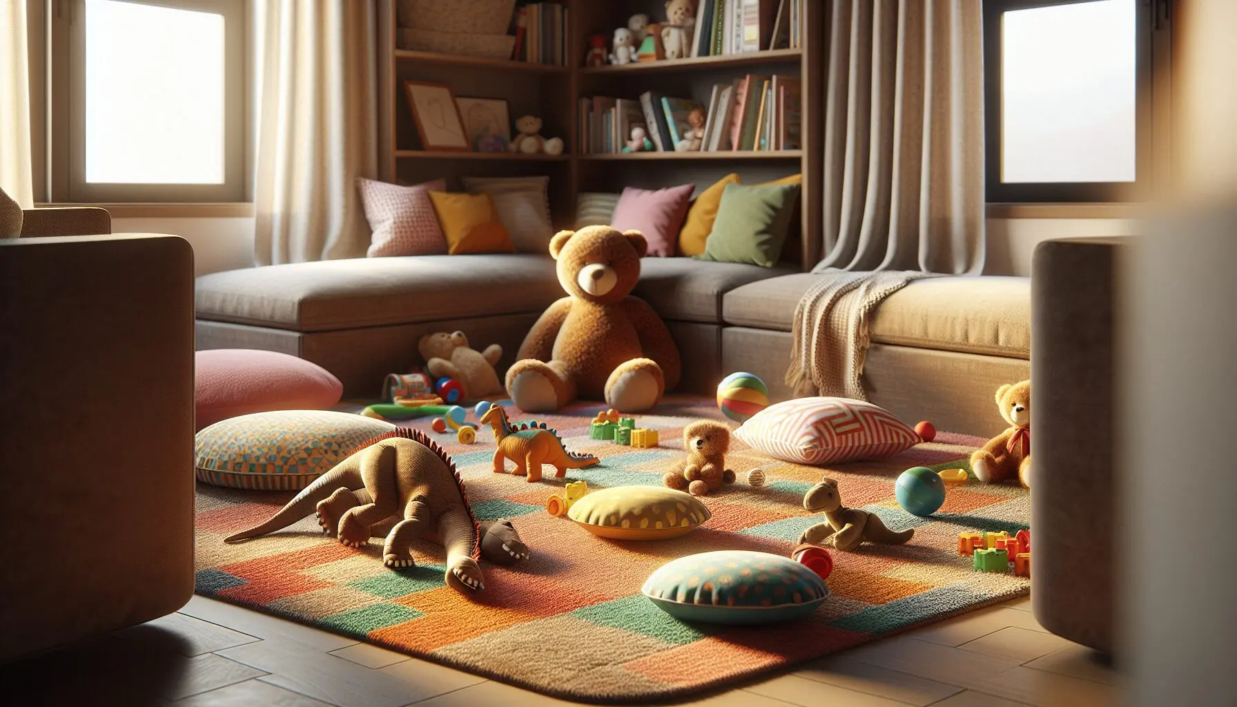 Generate an image of a cozy, inviting play corner with plush toys and colorful play mats.